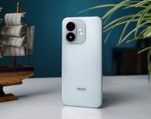 Redmi Note 17 5G showing front AMOLED display and back camera setup in Arctic Blue