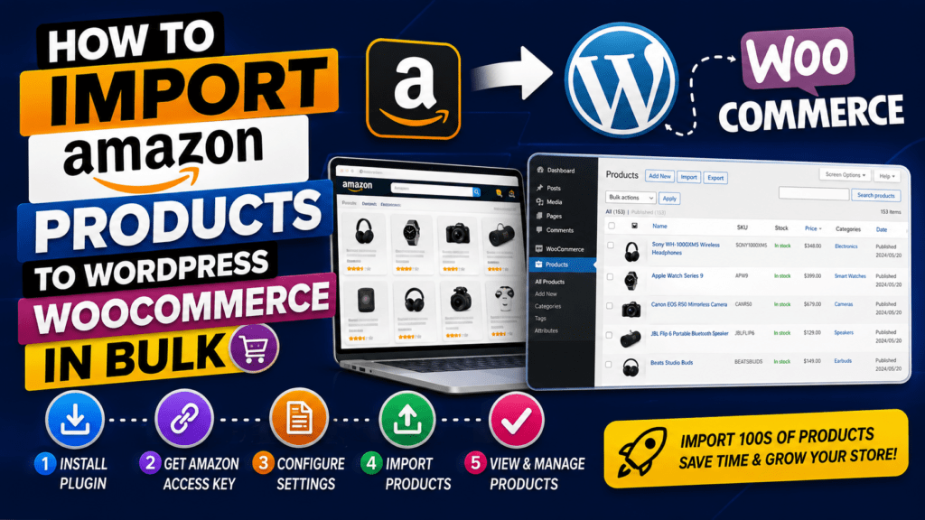 Learn how to import Amazon products to WordPress WooCommerce in bulk. Complete guide covering AmaSync, WP All Import, CSV method, PA API setup, and Amazon Associates compliance.